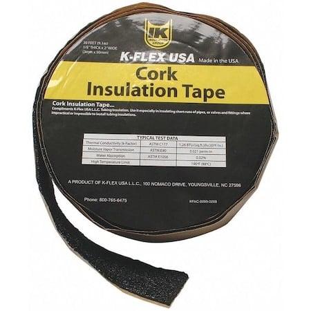 Pipe Insulation Tape, 30 ft Overall Lg, 2 in Overall Wd, 130 mil Thick, Cork, Black MPN:800-TAPE-CRK