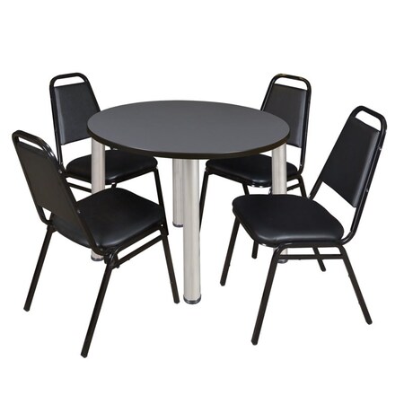 Kee Round Table & Chair Set, Wood, Metal, Vinyl Top, Grey MPN:TB42RNDGYBPCM29BK