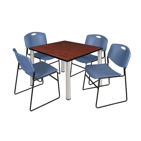 Square Cherry Table/4 Blue Chairs, Square, 36