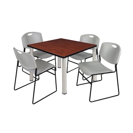 Square Cherry Table/4 Gray Chairs, Square, 36