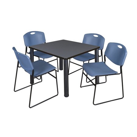 Square Gray Table/4 Blue Chairs, Square, 36