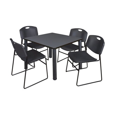 Square Gray Table/4 Black Chairs, Square, 36