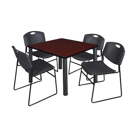 Square Mahogy. Table/4 Black Chairs, Square, 36