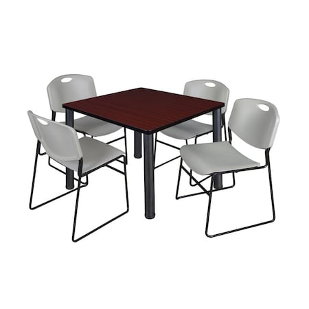 Square Mahogy. Table/4 Gray Chairs, Square, 36
