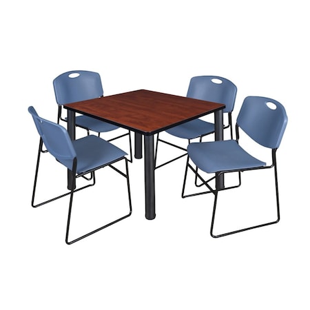 Square Cherry Table/4 Blue Chairs, Square, 42