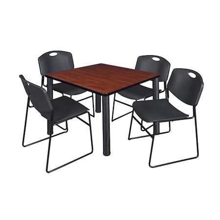 Square Cherry Table/4 Black Chairs, Square, 42