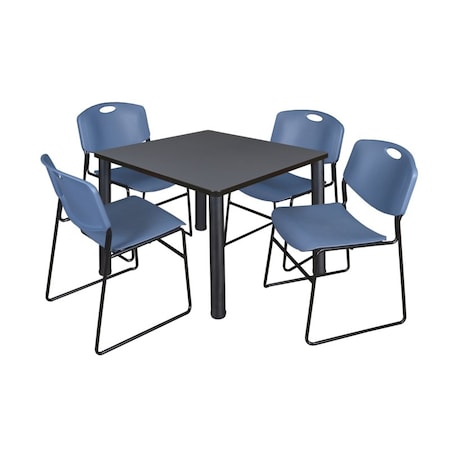 Square Gray Table w/4 Blue Chairs, Square, 42