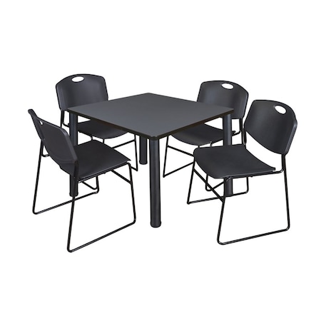 Square Gray Table w/4 Black Chairs, Square, 42