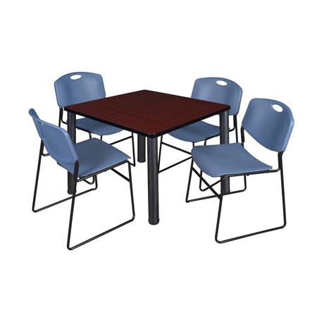 Square Mahogy. Table/4 Blue Chairs, Square, 42