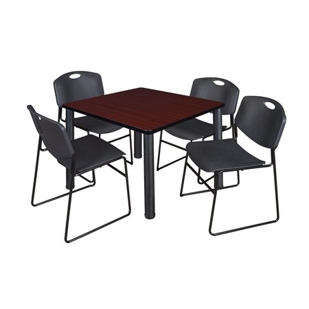Square Mahogy. Table/4 Black Chairs, Square, 42