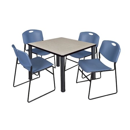 Square Maple Table/4 Blue Chairs, Square, 42