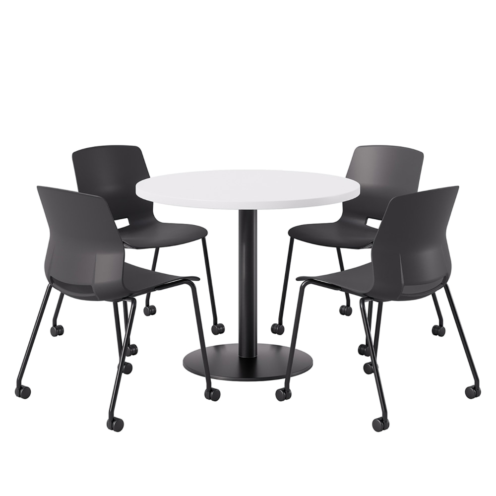 KFI Studios Proof Cafe Round Pedestal Table With Imme Caster Chairs, Includes 4 Chairs, 29inH x 36inW x 36inD, Designer White Top/Black Base/Black Chairs MPN:840031939043