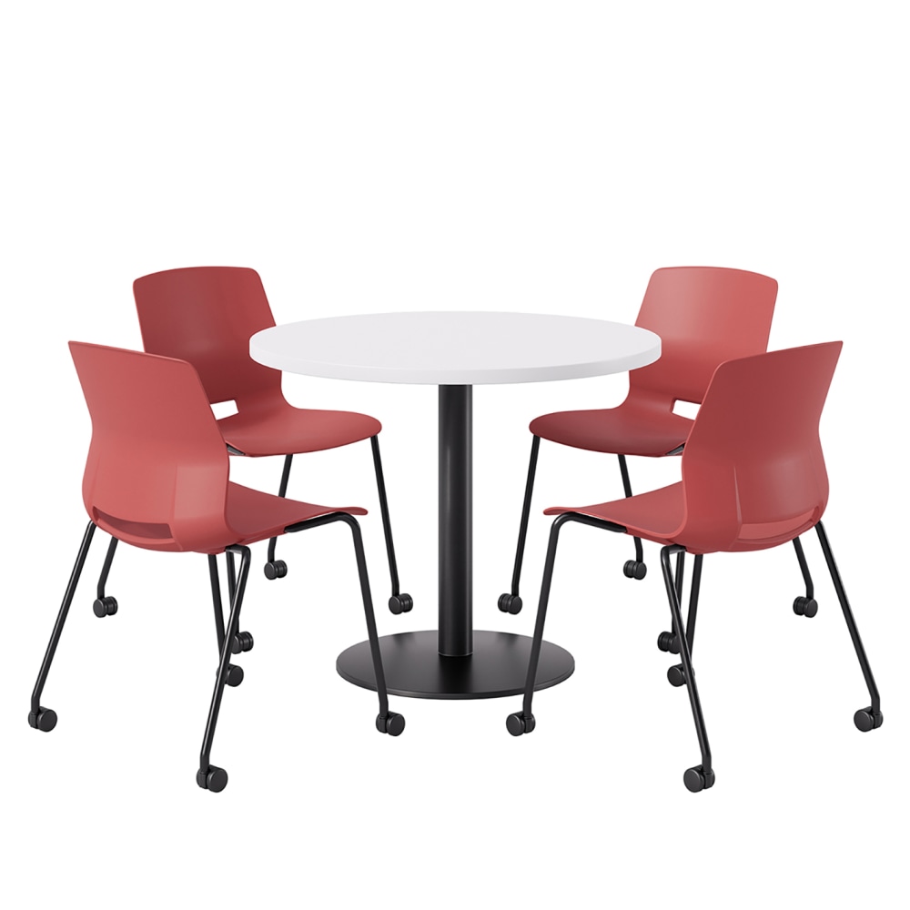 KFI Studios Proof Cafe Round Pedestal Table With Imme Caster Chairs, Includes 4 Chairs, 29inH x 36inW x 36inD, Designer White Top/Black Base/Coral Chairs MPN:840031939050