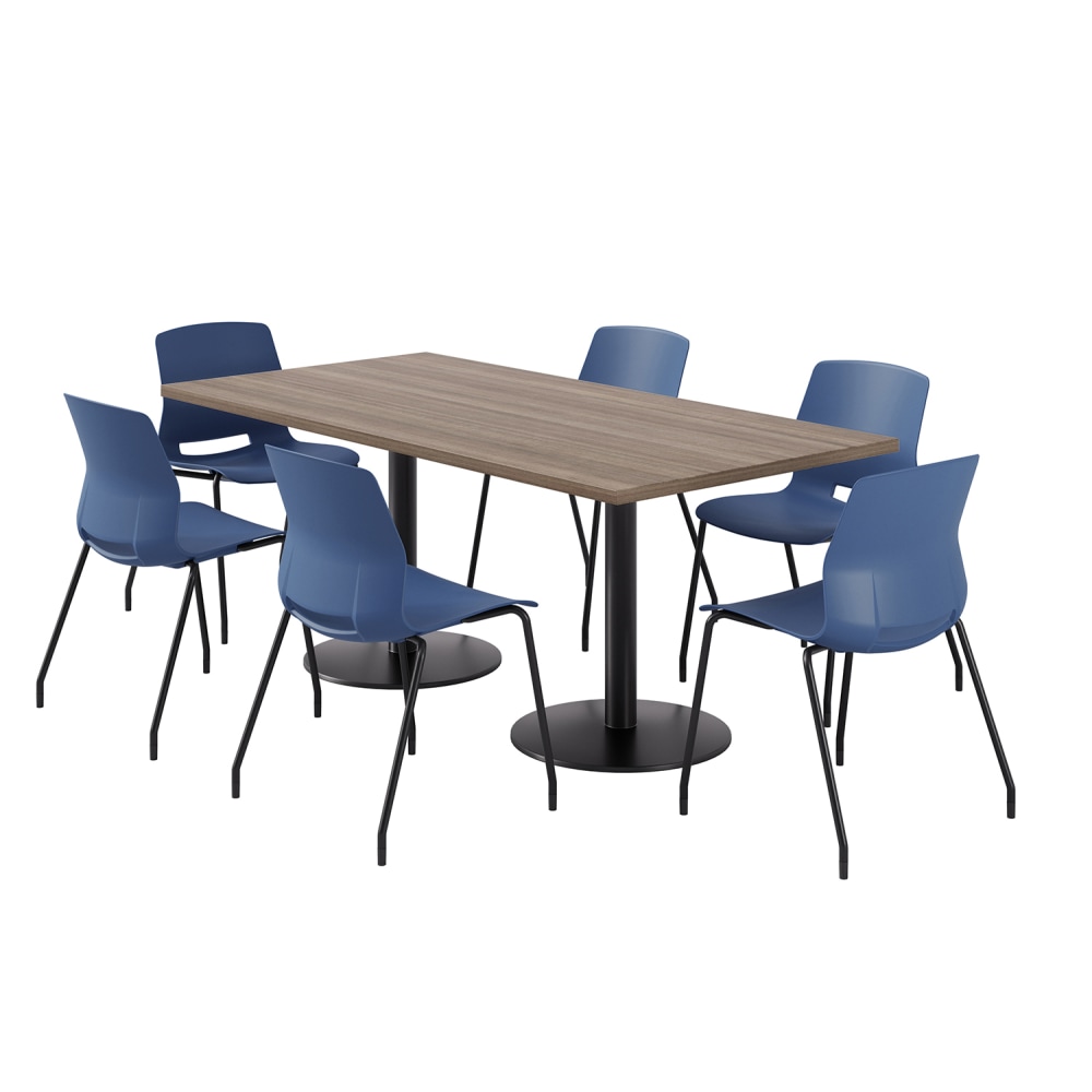 KFI Studios Proof Rectangle Pedestal Table With Imme Chairs, 31-3/4inH x 72inW x 36inD, Studio Teak Top/Black Base/Navy Chairs MPN:840031942616