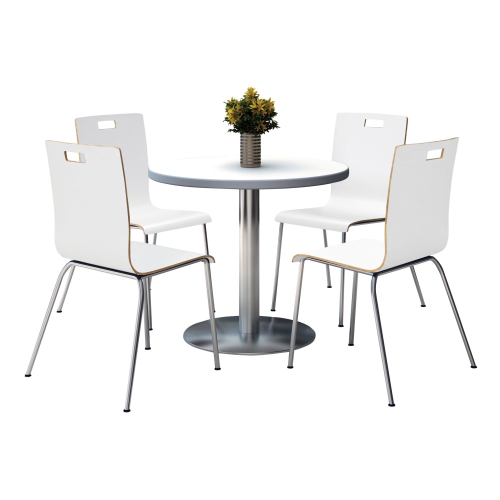 KFI Studios Jive Round Pedestal Table With 4 Stacking Chairs, 29inH x 36inW x 36inD, White/Crisp Linen MPN:810389024968
