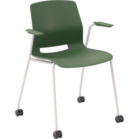 KFI Studios Imme Stacking Chair w/ Fixed Arms & Casters Polypropylene Slate Green Seat/White Frame CS2701WH-P50