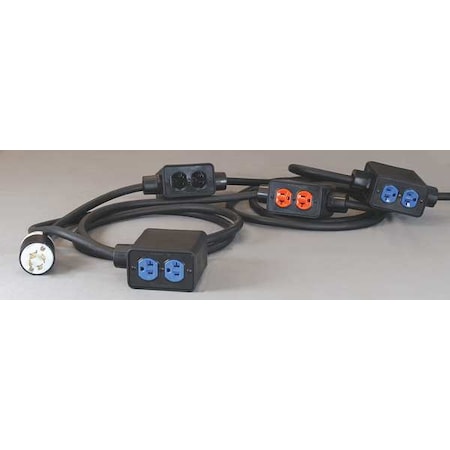 SOOW; Stringer Extension Cord, 12 AWG, Indoor, 12/4, 8 Outlets, 5-20R, Black, Rubber, L14-20P MPN:PS6DD4-520-B12M-L1420D