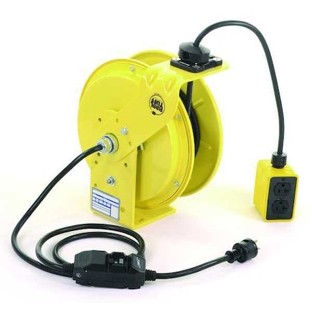 Cord Reel With Hand Lamp, Spring Retracted, NEMA 5-20R, 12 AWG, Yellow Reel Color, 50 ft Length MPN:RTBB3L-WGB520-J12K
