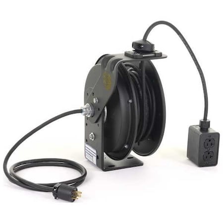 Cord Reel With Hand Lamp, Spring Retracted, NEMA 5-20R, 12 AWG, Black Reel Color, 25 ft Length MPN:RTBB3LB-1DD520-J12F