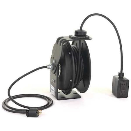 Cord Reel With Hand Lamp, Spring Retracted, NEMA 5-20R, 12 AWG, Black Reel Color, 50 ft Length MPN:RTBB3LB-1GB520-J12K