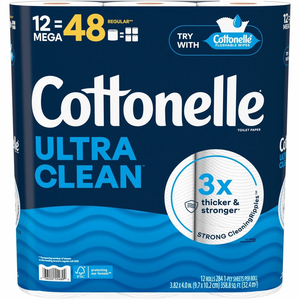 Cottonelle Ultra Clean Toilet Paper - 1 Ply - White - Paper - 12 / Pack MPN:55489