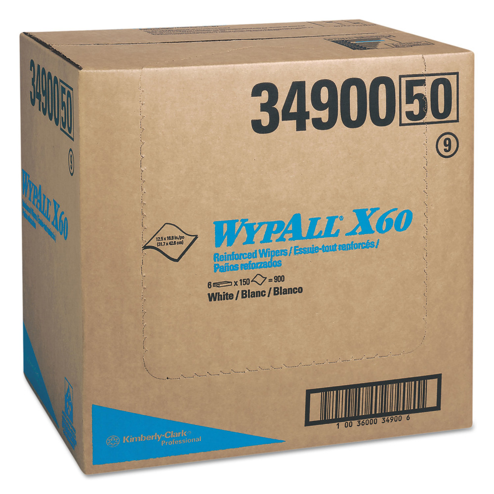 WypAll General Clean X60 Cloths, Flat Sheet, 12.5 x 16.8, White, 150/Box, 6 Boxes/Carton MPN:34900