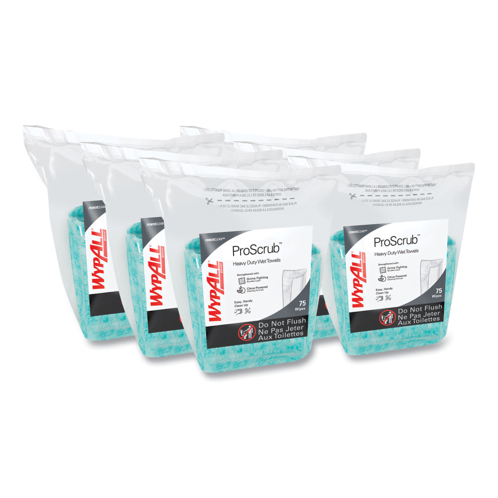 WypAll Power Clean ProScrub Pre-Saturated Wipes, 12 x 9.5, Citrus Scent, Green, 75/Pack, 6 Packs/Carton MPN:KCC 91367
