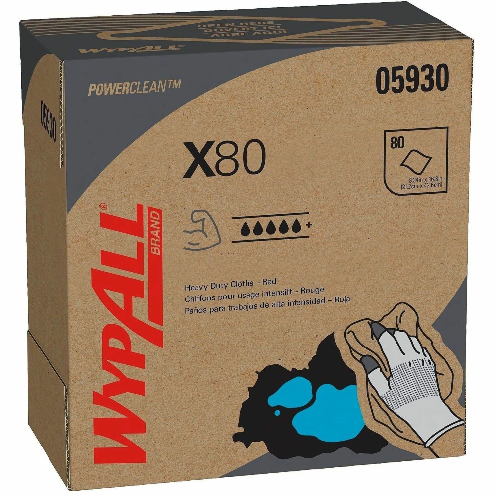 Wypall Power Clean X80 Heavy Duty Cloths - 16.80inx8.34in- Absorbent, Durable, Reusable, Foldable, Contaminant-free, Durable - Red - 80/Box - 5/Carton MPN:05930-50