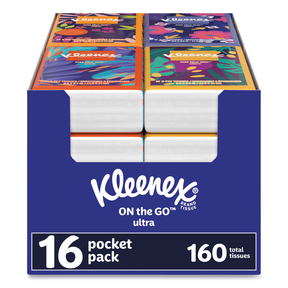 Kleenex On The Go Packs Facial Tissues, 3-Ply, White, 10/Pouch, 16 Pouches/Pack, 6 Packs/Carton MPN:54635