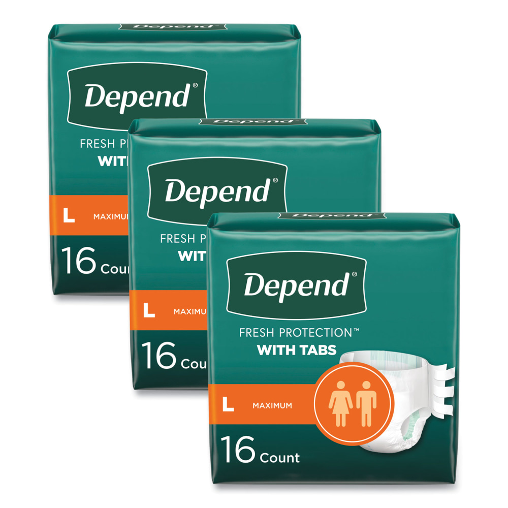 Depend Incontinence Protection with Tabs, 35in to 49in Waist, 16/Pack, 3 Packs/Carton MPN:35458