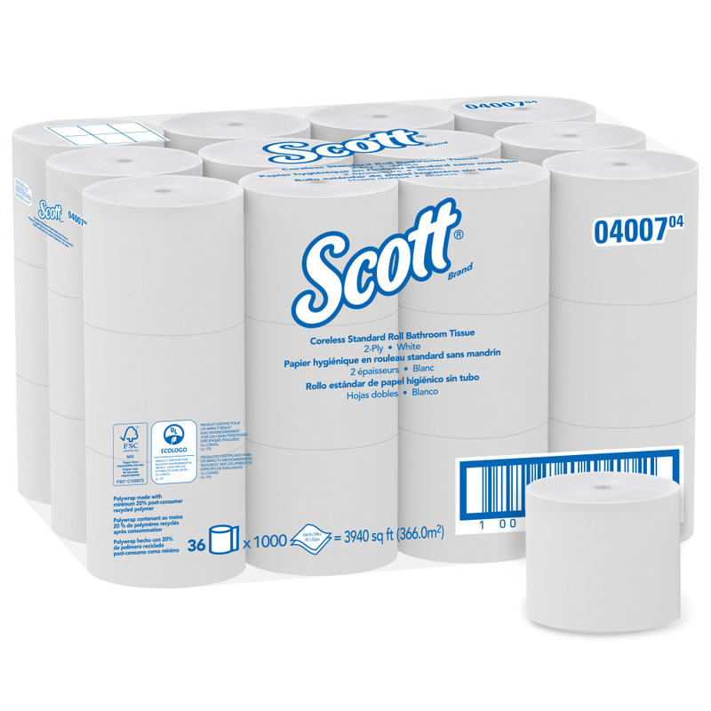 Scott Essential Coreless 2-Ply Toilet Paper, 65% Recycled, 1000 Sheets Per Roll, Pack Of 36 Rolls MPN:4007