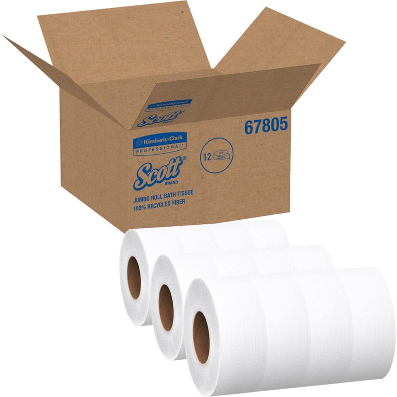 Scott 100% Recycled Fiber High-Capacity Jumbo Roll Toilet Paper - 2 Ply - 3.55in Width x 1000 ft Length - White - Fiber - 12 / Carton MPN:KCC67805