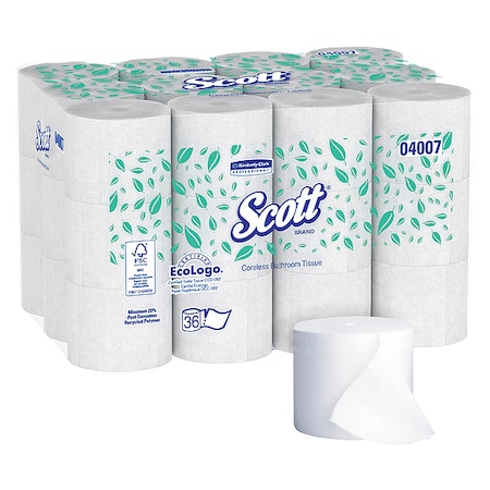 Scott Coreless High-Capacity Standard Roll Toilet Paper, 2-Ply, White, 1, 000 Sheets/Roll, 36PK MPN:04007