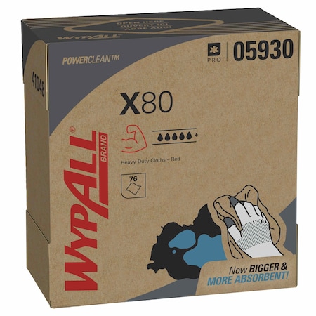 WypAll Power Clean X80 Heavy Duty Cloths (05930), Pop-Up Box, Red, 80 Sheets / Box, es / Case, PK5 MPN:05930