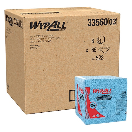 Oil, Grease & Ink Cloths, Quarterfold, Lint-Free, Blue, 66 Sheets/Pack, 8 Packs/Case MPN:33560