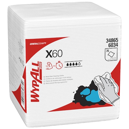 WypAll GeneralClean X60 Multi-Task Cleaning Cloths 34865, Quarterfold, Strong & Absorbent, White, PK12 MPN:34865