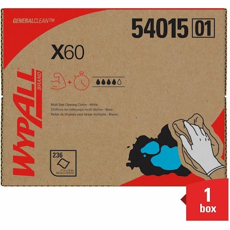 WypAll X60 Dry Wipe, 11 in x 16 3/4 in, White, Dispenser Box, 236 Sheets MPN:54015