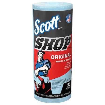 Scott Shop Paper Towel Roll, 11 in x 10.4 in Sheet, 55 Sheets/Roll, Multi-Purpose, Blue, 12PK MPN:75147
