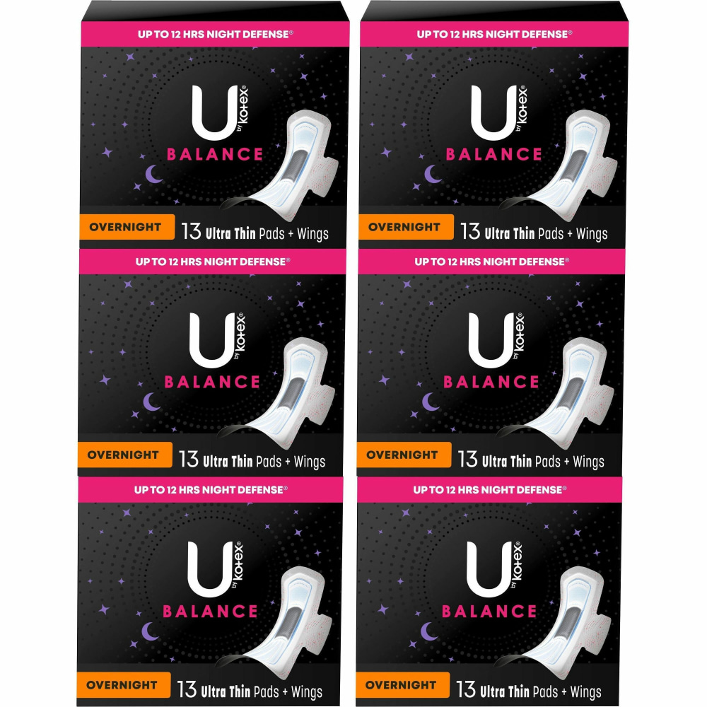 U by Kotex Ultra Thin Overnight Pads - With Wings - Absorbent, Odor-absorbing, Individually Wrapped, Anti-leak - 13/Box - 6 / Carton MPN:54912CT