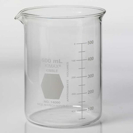 Beaker, Borosilicate Glass, Low Form, 600 mL / 20.28 fl oz Capacity, A Type I, 36 PK MPN:14000-600