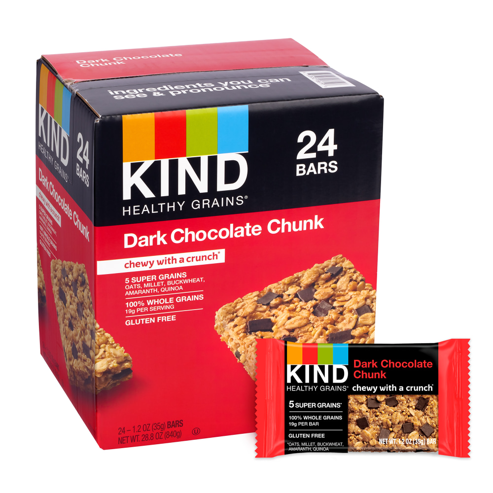 KIND Healthy Grains Bars, Dark Chocolate Chunk, 1.2 Oz, Pack Of 24 Bars MPN:602652186196