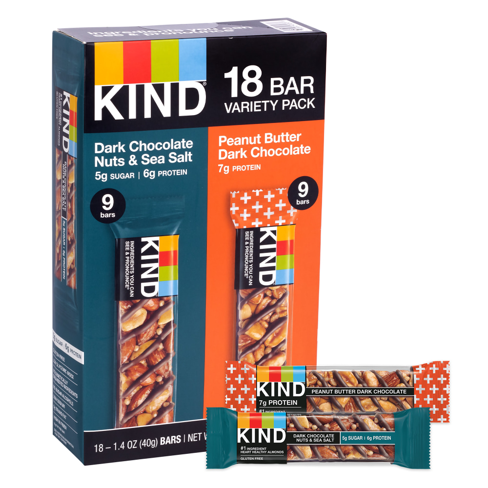 KIND Dark Chocolate Nuts & Sea Salt and Peanut Butter Dark Chocolate Variety Pack, 1.4 Oz, Pack Of 18 Bars MPN:602652432637