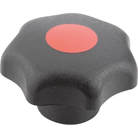Star Grip, DIN 6336 Similar, D=6, D1= 32, Drilled Bushing, Steel, Black Plastic, Cap: Red MPN:K0155.1066