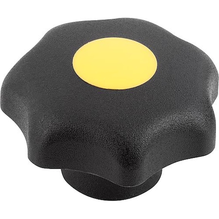 Star Grip, DIN 6336 Similar, D=6, D1= 32, Drilled Bushing, Steel, Black Plastic, Cap: Yellow MPN:K0155.1067