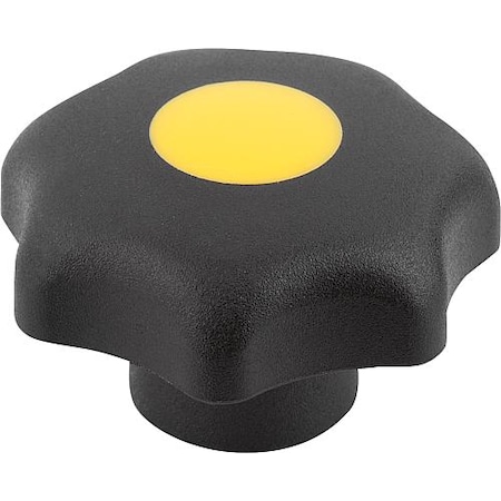 Star Grip, DIN 6336 Similar, D=6, D1= 32, Drilled Through, Entirely Plastic, Black, Cap: Yellow MPN:K0155.3067