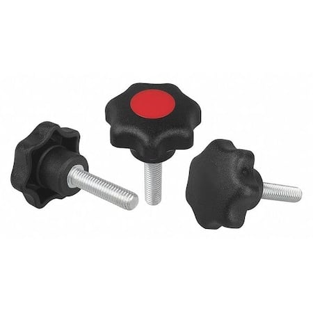 Star Grip, DIN 6336 Similar, D=M12X40, D1= 63, External Thread, Steel, Black Plastic, Cap: Red MPN:K0155.41216X40