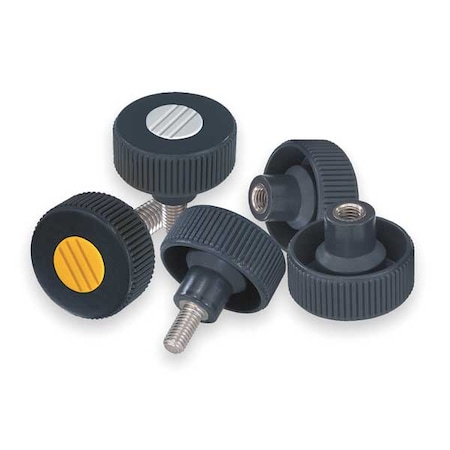 Knurled Knob, Sz: 2, D1= 50 D=M10X60, Form L, Plastic Black, Comp: Stainless Steel, Cap: Black MPN:K0261.5210X60