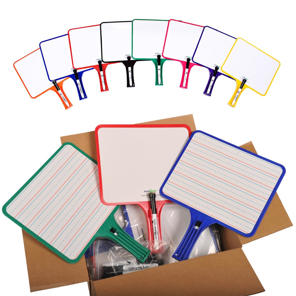 KleenSlate Rectangular Double-Sided Whiteboard Paddles With Markers, 9-1/2in x 7-1/2in, Assorted Colors, Pack Of 24 Paddles MPN:KLS5132