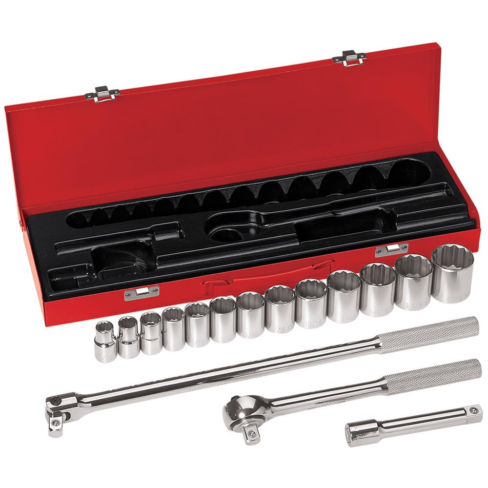 Klein Tools 16-Piece 1/2in Drive Socket Wrench Set, Red/Chrome MPN:65512