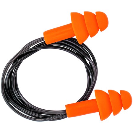 Reusable TPE Earplugs, Triple Flanged Shape, 25 dB, Orange, 6 PK MPN:605036